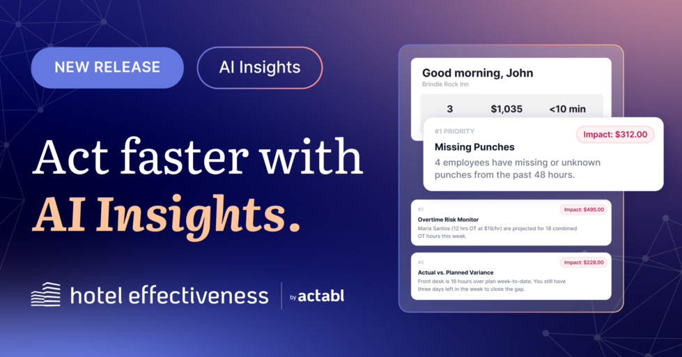 A promotional graphic for Hotel Effectiveness AI Insights, showing alerts for missing punches and payroll variances, with the text: Act faster with AI Insights. Logos for Hotel Effectiveness and Actabl are at the bottom.