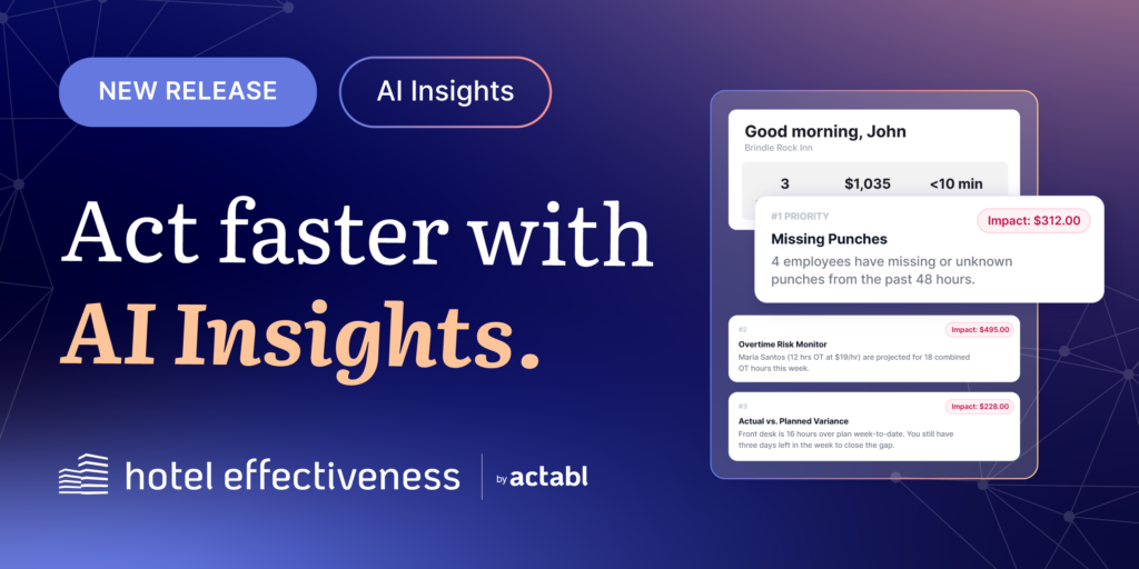 Promotional graphic for Hotel Effectiveness featuring Act faster with AI Insights and a sample dashboard with alerts for missing punches and overtime monitoring. Logos for Hotel Effectiveness and Actabl are displayed below.