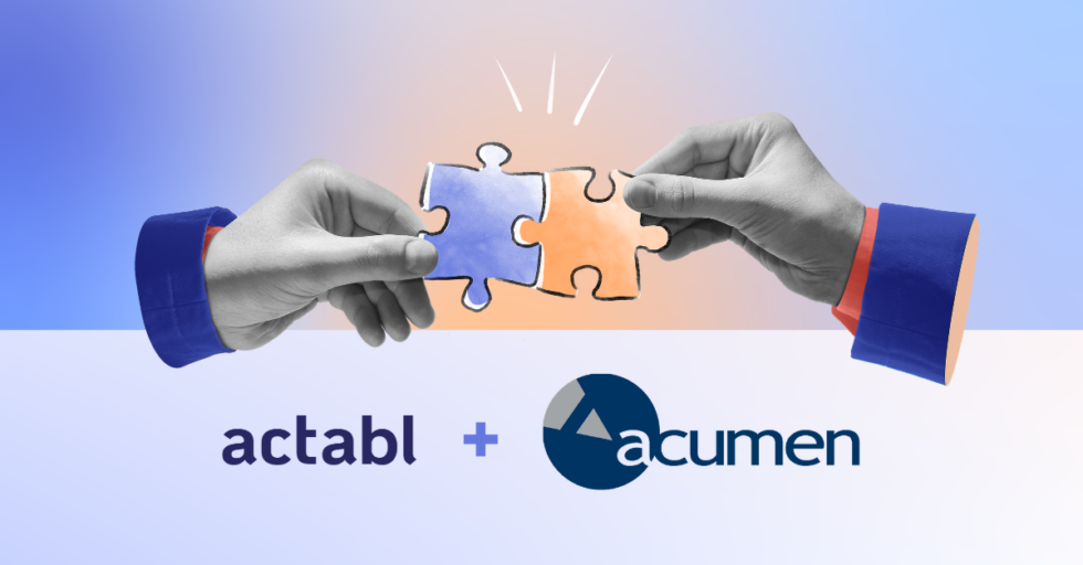 Two hands each hold a puzzle piece that fit together. Below are the logos and names actabl and acumen with a plus sign, suggesting partnership or collaboration. The background is a gradient of blue and purple.