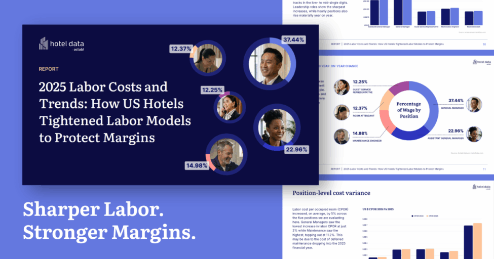 A presentation slide titled 2025 Labor Costs and Trends: How US Hotels Tightened Labor Models to Protect Margins features staff headshots with salary percentages and bar charts analyzing hotel labor costs and position-level variances.