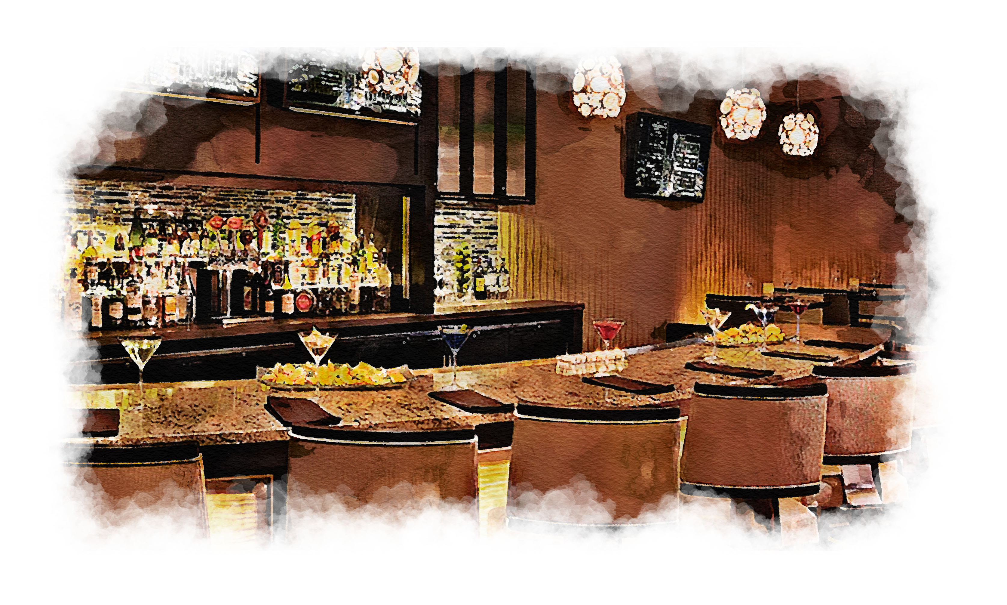 watercolor-modern-bar-atmosphere watercolor of a bar atmosphere set up with cocktails and appetizers
