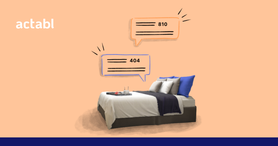 A modern bed with blue and white pillows and a tray is centered on a peach background. Two speech bubbles with numbers 810 and 404 appear above the bed. The word actabl is in the upper left corner.