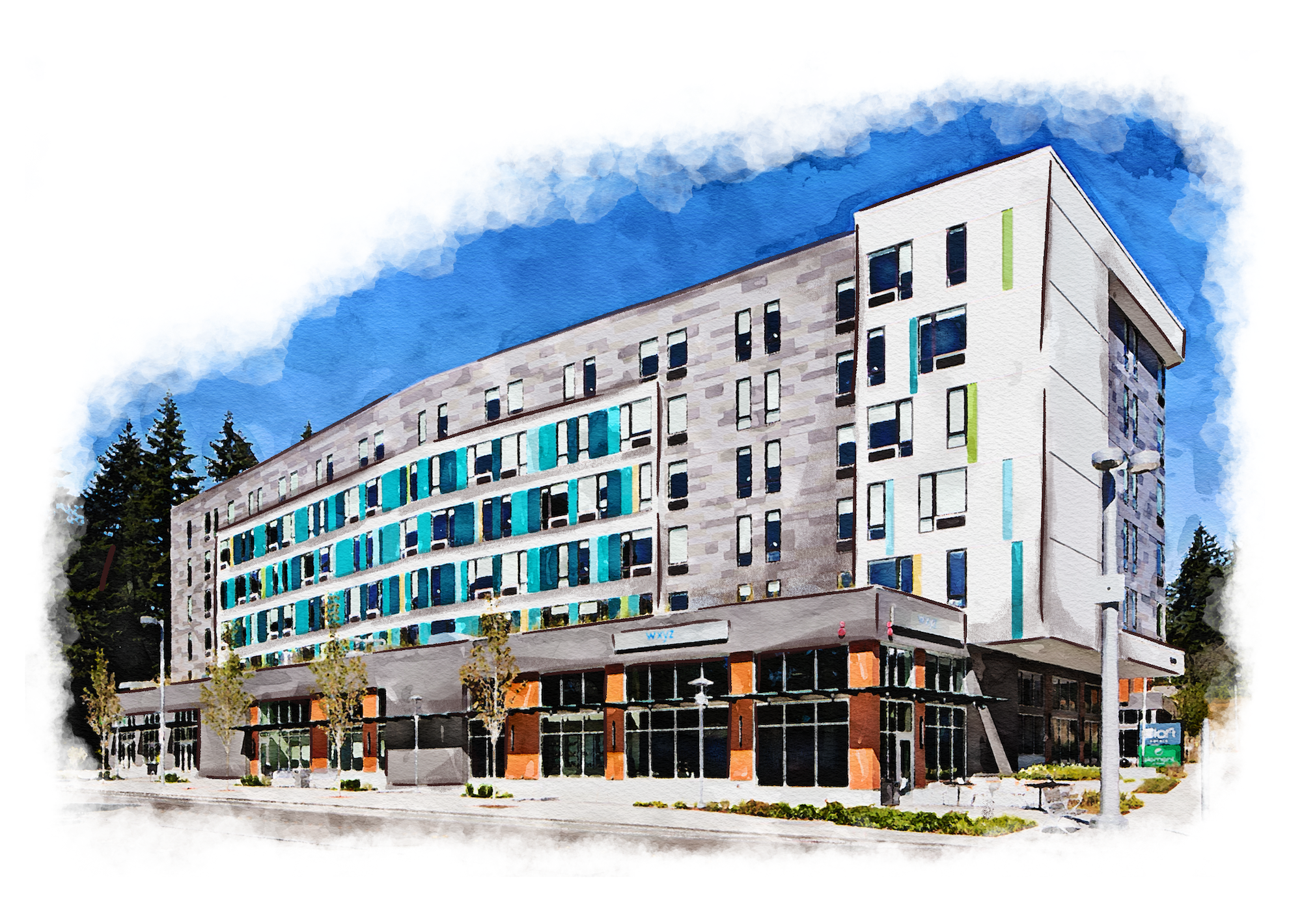 Hotel 13-Aloft Hotels (select service) - cópia Watercolor of a newly built modern hotel