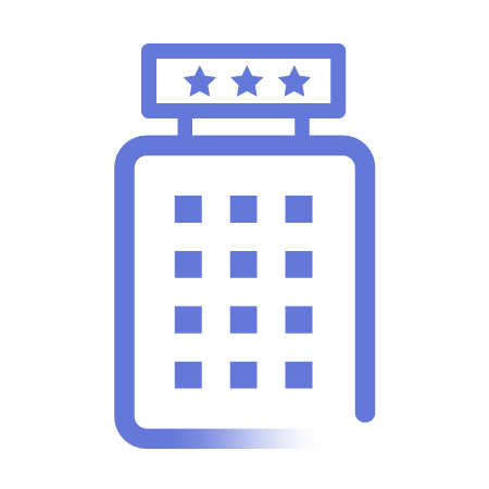 Hotel-icon Hotel icon with three starts in a box above connected by two lines to a lower box with twelve boxes inside