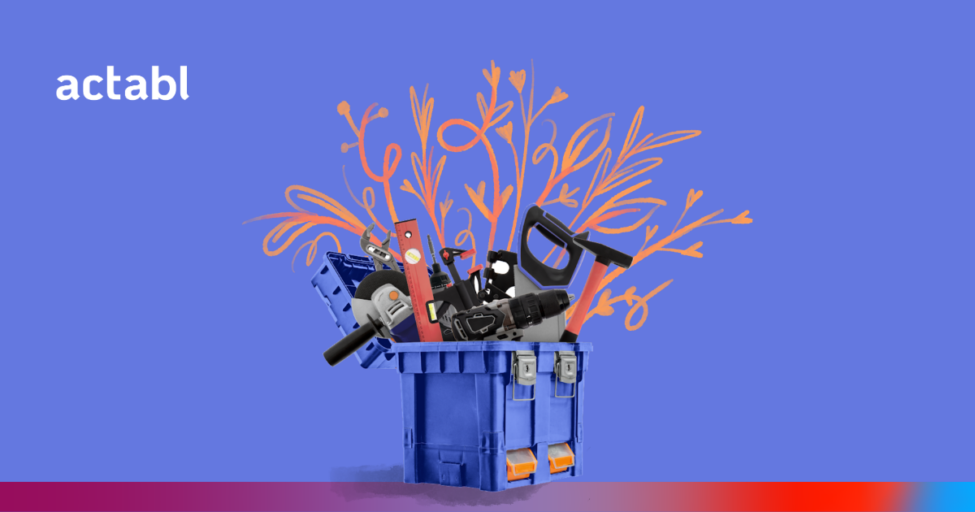 A blue toolbox filled with various tools and overlaid with orange, hand-drawn branches and leaves emerging from it. The word “actabl” appears in white text on a purple background.