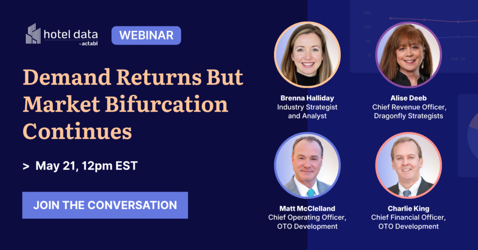 Webinar promo: “Demand Returns But Market Bifurcation Continues” with headshots of Brenna Halliday, Alise Deeb, Matt McClelland, and Charlie King. May 21, 12pm EST. “Join the Conversation” button is shown.