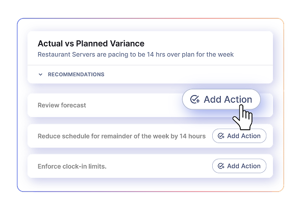 Actual vs Planned Variance card with Add Action buttons for each recommendation