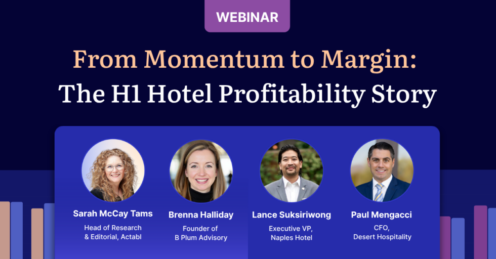 Webinar promo: From Momentum to Margin: The H1 Hotel Profitability Story with photos of four speakers and their titles, plus a purple and blue-themed background.