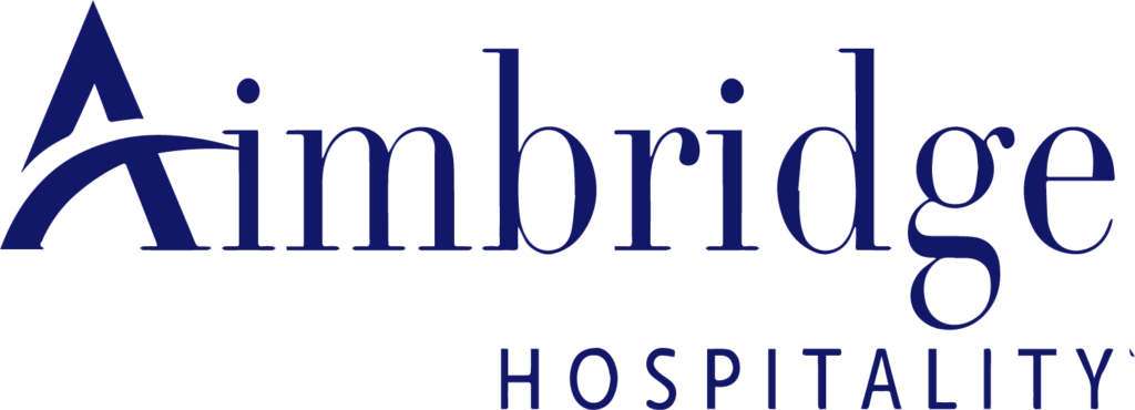 Logo for Aimbridge Hospitality featuring a stylized A followed by imbridge in blue serif font, with the word HOSPITALITY in uppercase below on the right.