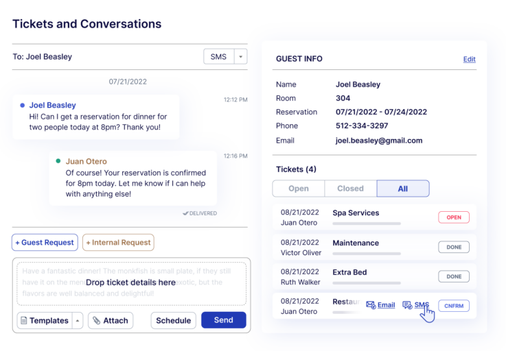 Tickets and Conversations in Hotel Text Messaging System